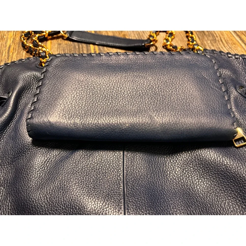 Tory Burch‎ Navy Leather Marion Slouchy Tote Bag Purse Gold Chain & Wallet EUC